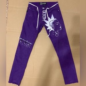 Purple punk Customized Skinny jeans with eyeball button and distressed hem